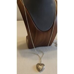 Puffy Heart Necklace Silver Tone Filigree Shaped Pendant Minimalist Jewelry